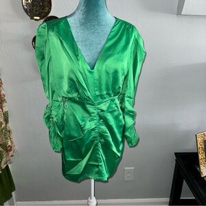 Green Flutter Sleeve Wrap Mini Dress
